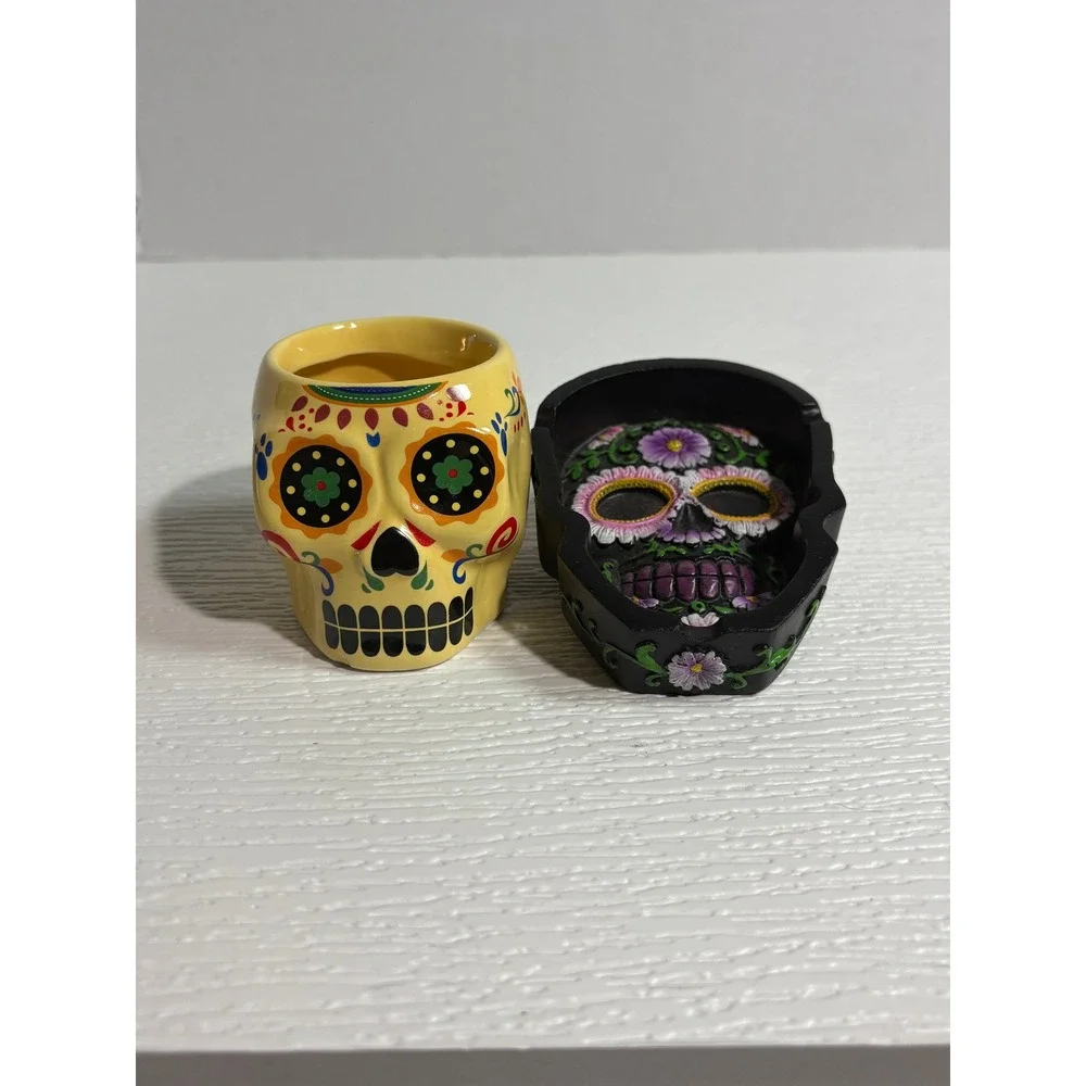 Day of the Dead Calavera and Ashtray Set Yellow Black Floral Calavera S0132